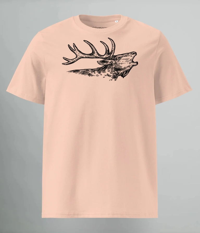 T-shirt i persika med svart tryck av en ren – ekologisk unisex streetwear från Heart of North