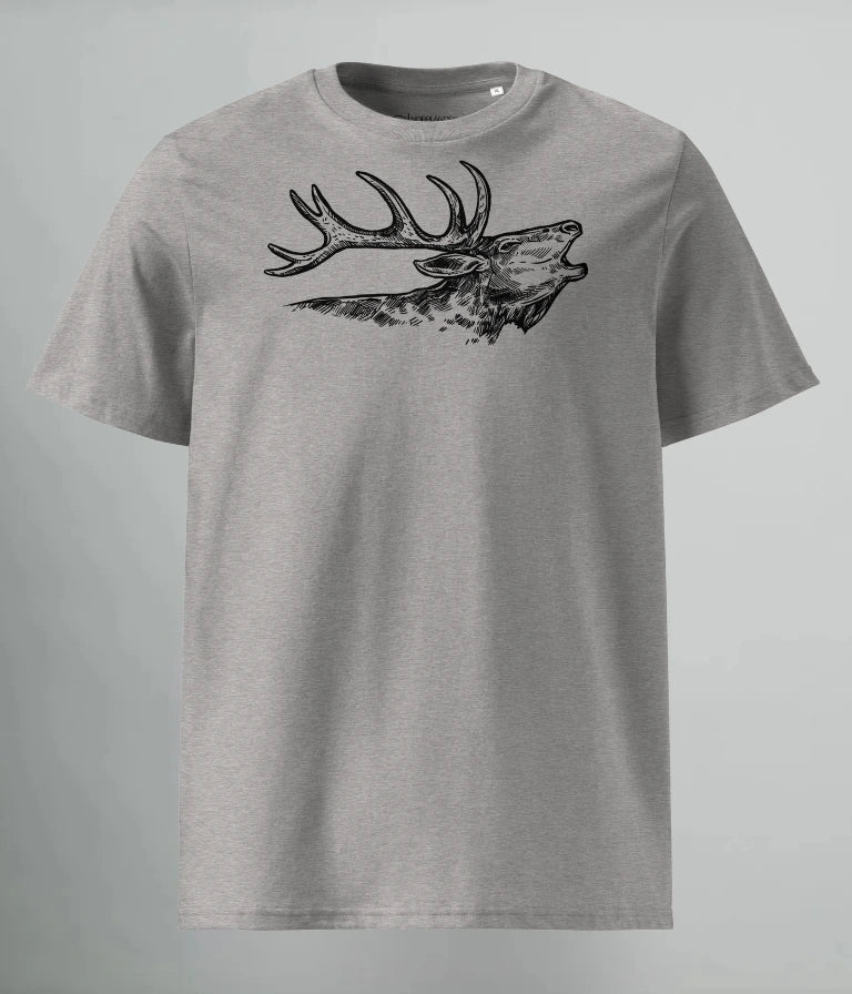 T-shirt i grå med svart tryck av en ren – ekologisk unisex streetwear från Heart of North