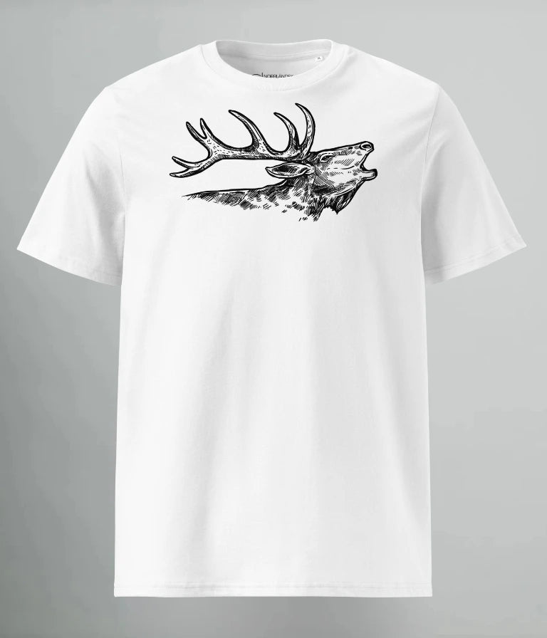 T-shirt i vit med svart tryck av en ren – ekologisk unisex streetwear från Heart of North