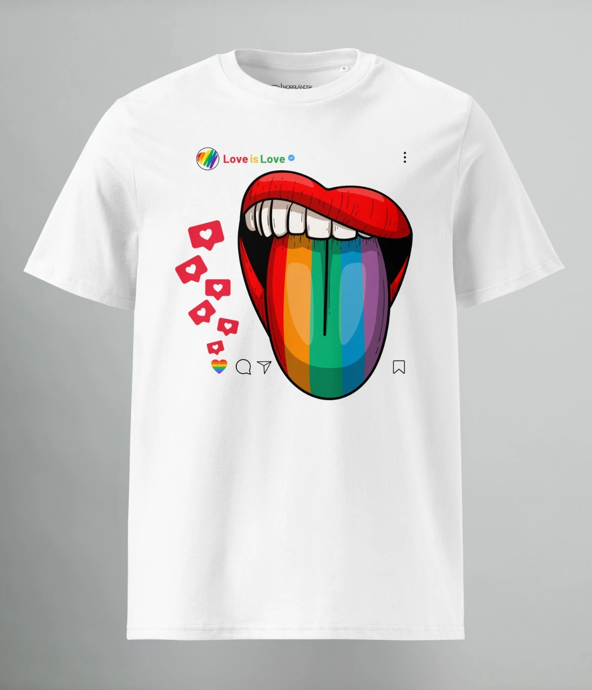 Vit unisex Pride T-shirt från Heart of North med regnbågsfärgat tryck och budskapet 'Love is Love' – ekologisk bomull, Norrländsk design