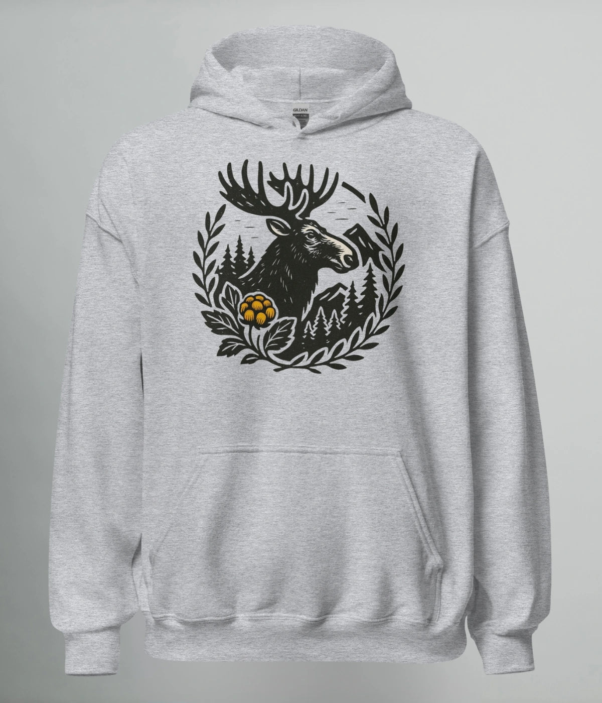 Hoodie i grå färg med älg och hjortronmotiv – Norrländsk streetwear från Heart of North