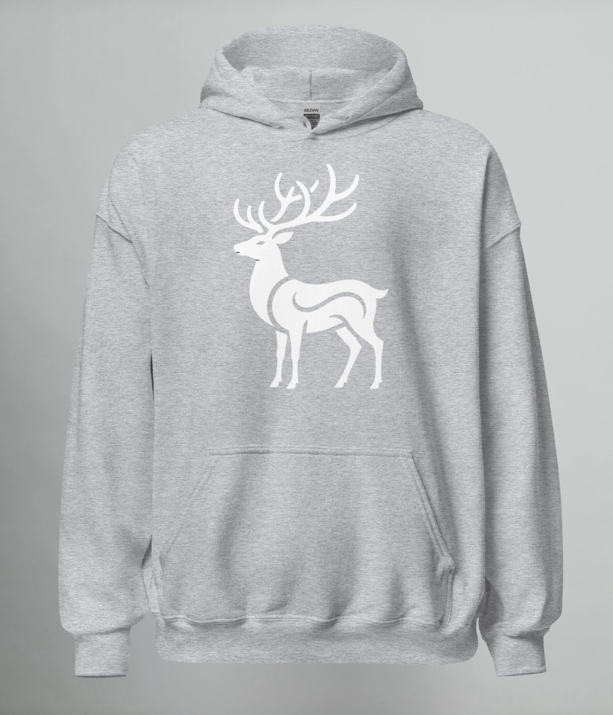 Grå hoodie med vitt renmotiv på bröstet, Arctic Blaze Hoodie från Heart of North – norrländsk streetwear med unisex passform.