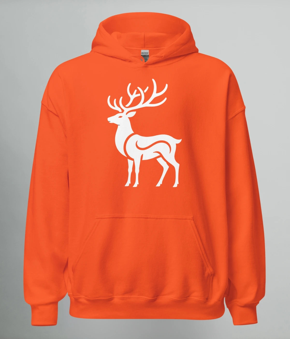 Orange hoodie med vitt renmotiv på bröstet, Arctic Blaze Hoodie från Heart of North – norrländsk streetwear med unisex passform.
