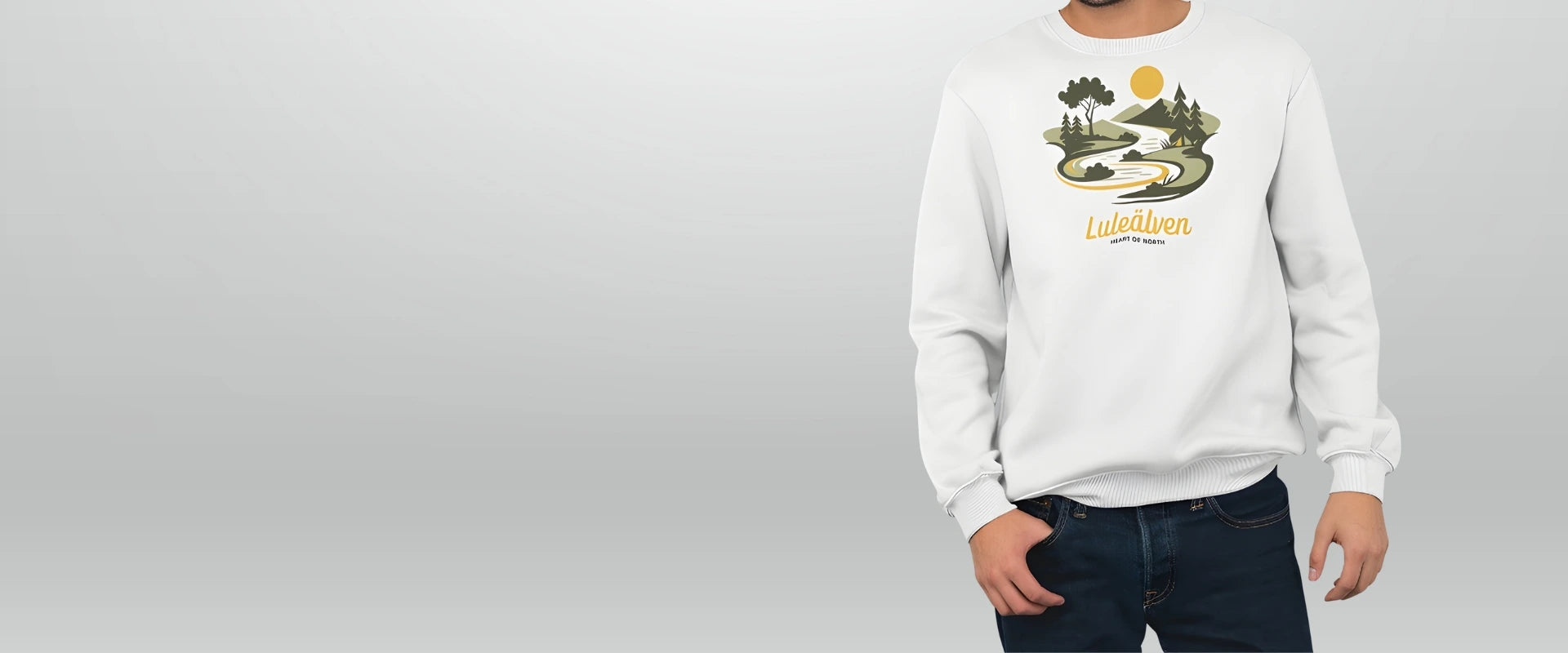 Man i grön Norrländsk streetwear sweatshirt med vit karta över Norrland och Lappland – en hyllning till Sveriges norra landskap från Heart of North.