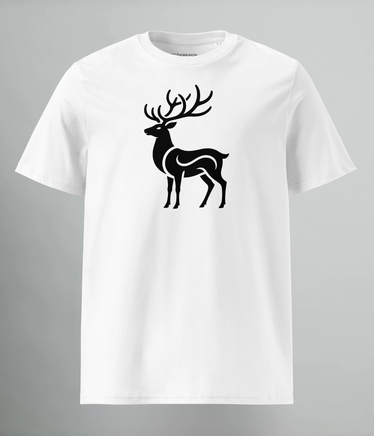Vit Norrländsk streetwear t-shirt Arctic Blaze i ekologisk bomull med svart hjortmotiv från Heart of North