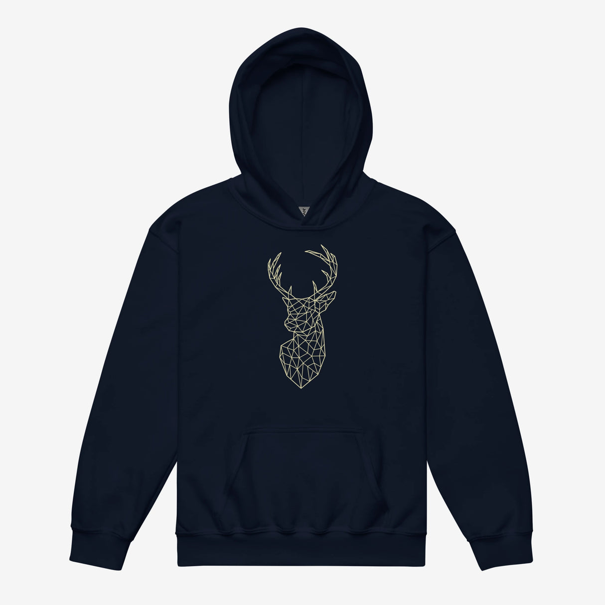 Marinblå hoodie för barn med ett guldtryck av en hjort från Heart of North. Denna bekväma och hållbara tröja kombinerar Norrländsk elegans med modern design, perfekt för unga som vill bära stil och komfort.