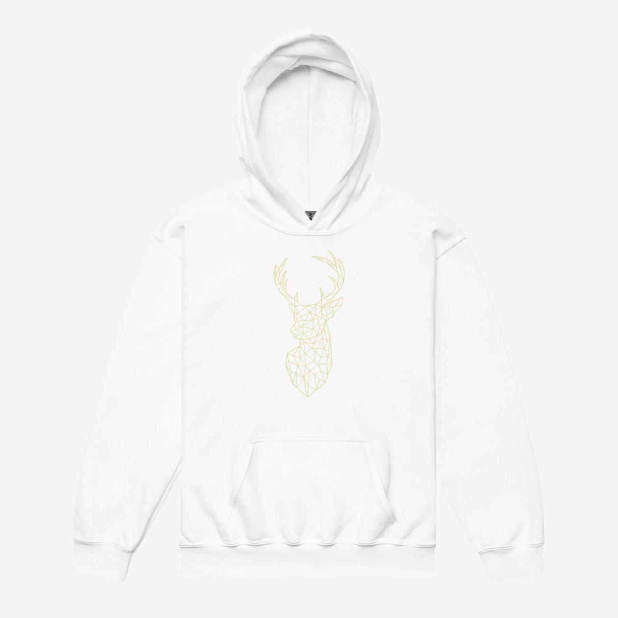 Vit hoodie för barn med ett guldtryck av en hjort från Heart of North. Denna bekväma och hållbara tröja kombinerar Norrländsk elegans med modern design, perfekt för unga som vill bära stil och komfort.